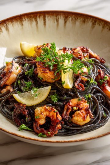 Spaghetti al nero di seppia con frutti di mare freschi, presentati con prezzemolo e limone.