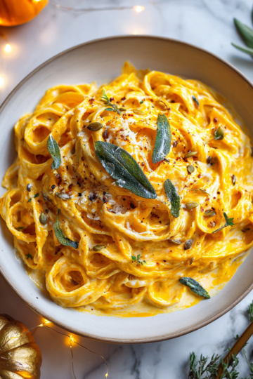 La Cremosa Pasta Alfredo alla Zucca per l'Autunno Pasta Alfredo alla Zucca cremosa con salvia fresca