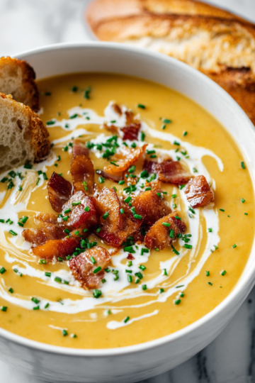 Zuppa cremosa di patate, comfort food autunnale, ricetta semplice, ingredienti freschi, piatto caldo e avvolgente.