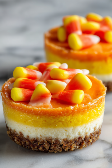 Mini Cheesecake alla Candy Corn decorati con panna montata e caramelle per Halloween