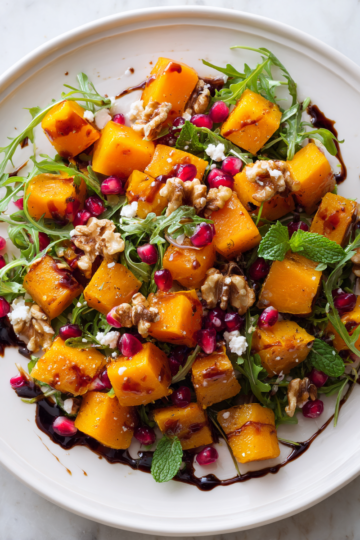 Insalata di Zucca Butternut e Melograno Fresca Insalata di zucca butternut e melograno con feta e noci