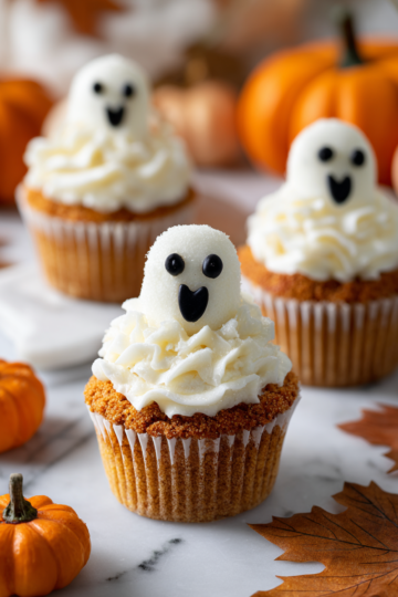 Deliziosi Cupcakes Fantasmi per Halloween Cupcakes fantasmi di Halloween decorati con frosting bianco e gel nero per occhi e bocca.