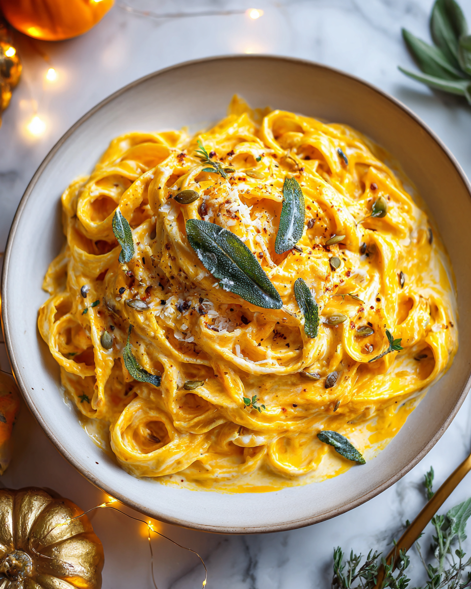 La Cremosa Pasta Alfredo alla Zucca per l'Autunno Pasta Alfredo alla Zucca cremosa con salvia fresca