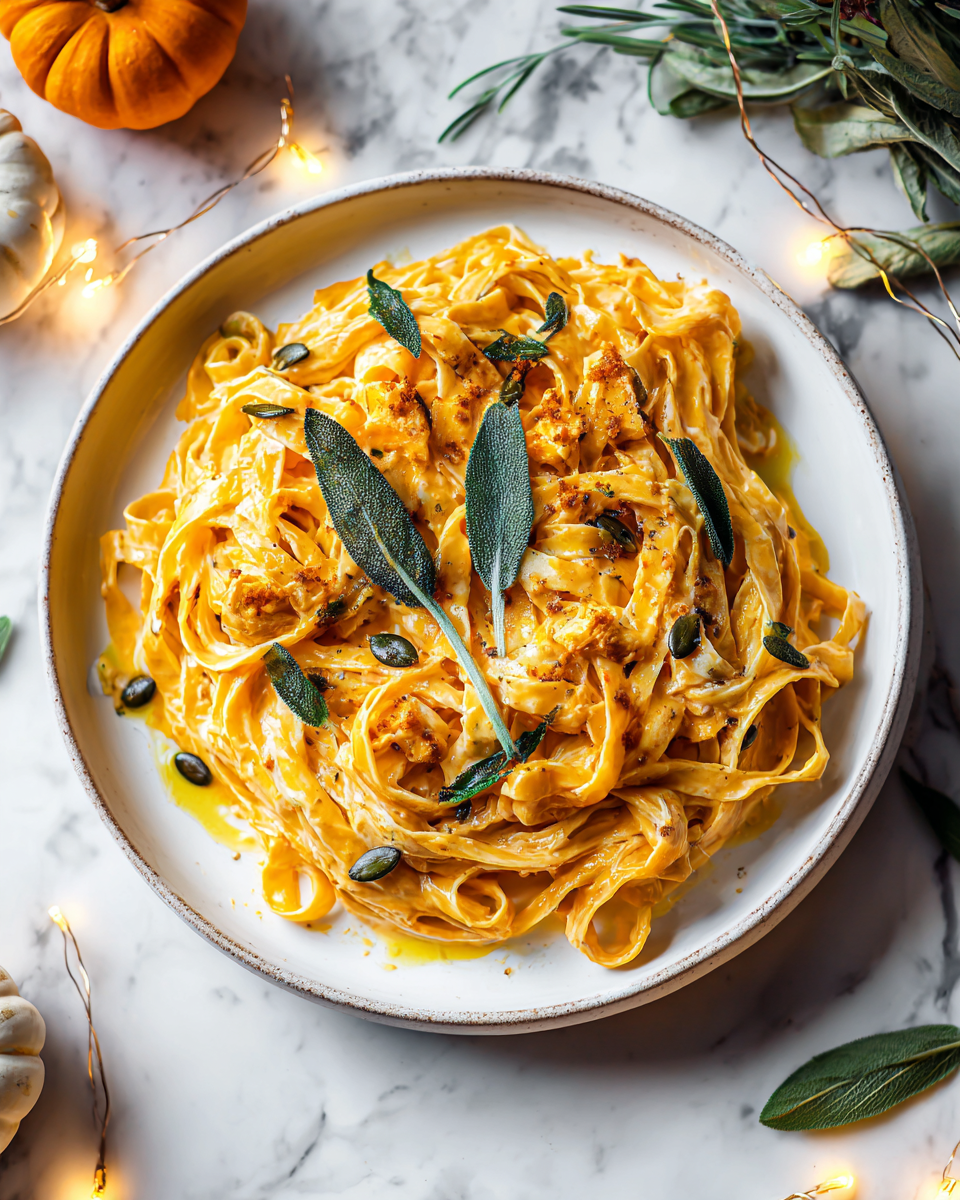 La Cremosa Pasta Alfredo alla Zucca per l'Autunno Pasta Alfredo alla Zucca cremosa con salvia fresca