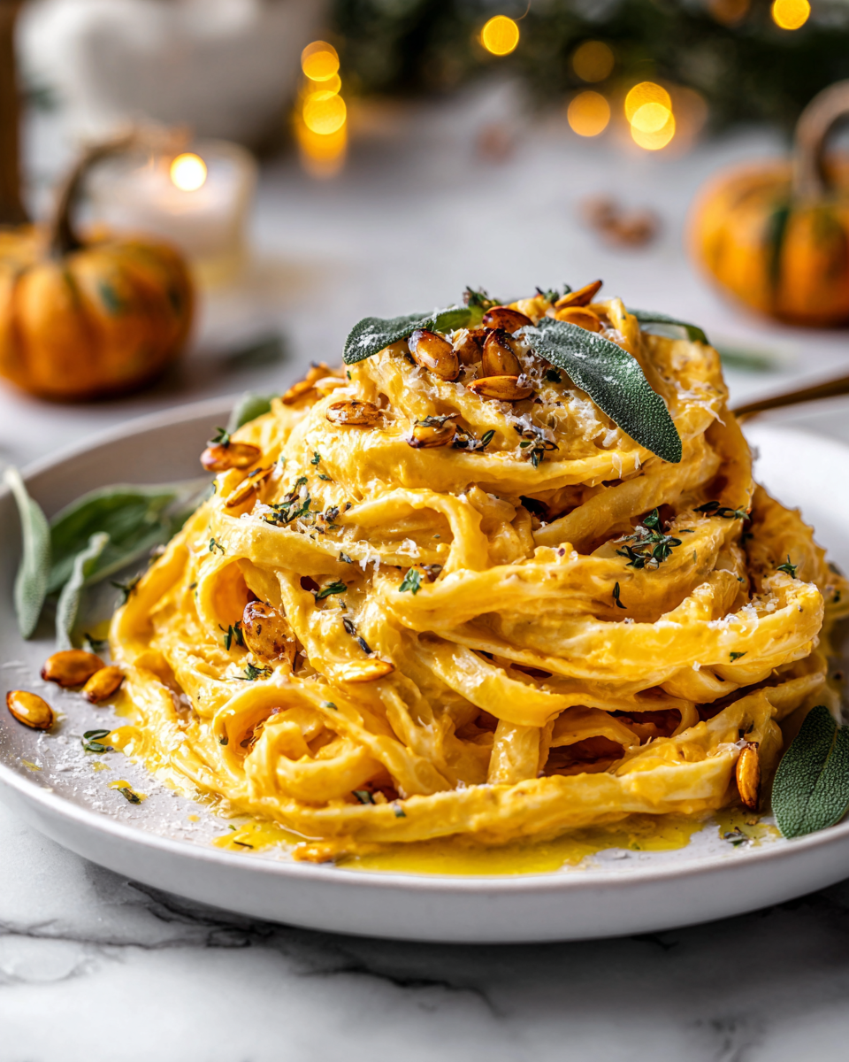 La Cremosa Pasta Alfredo alla Zucca per l'Autunno Pasta Alfredo alla Zucca cremosa con salvia fresca