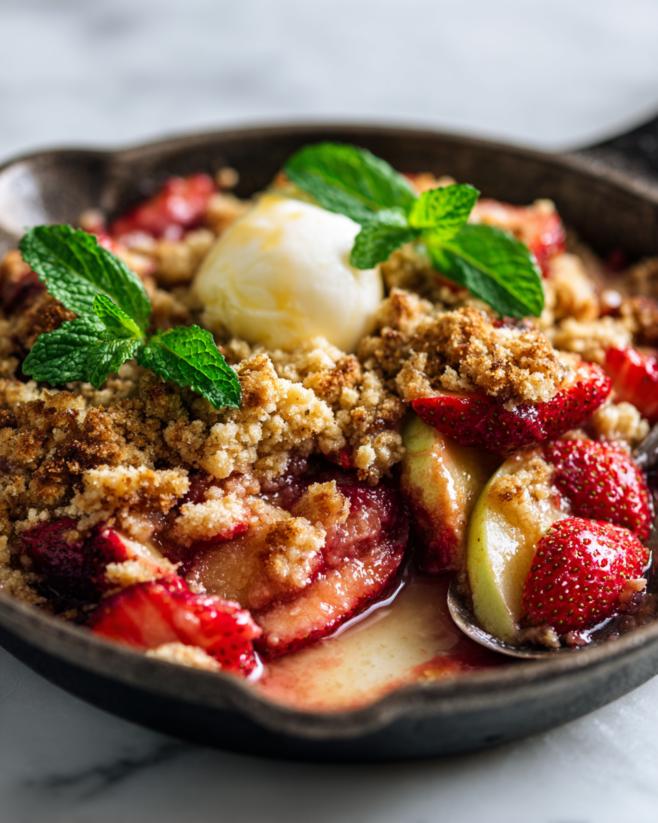 Crumble di Fragole e Mele Autunnale Delizioso crumble di fragole e mele con crosta croccante e frutta dolce, perfetto per dessert autunnali.
