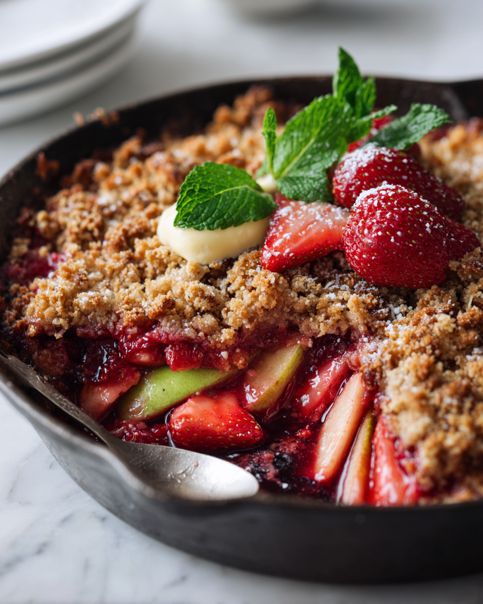 Crumble di Fragole e Mele Autunnale Delizioso crumble di fragole e mele con crosta croccante e frutta dolce, perfetto per dessert autunnali.
