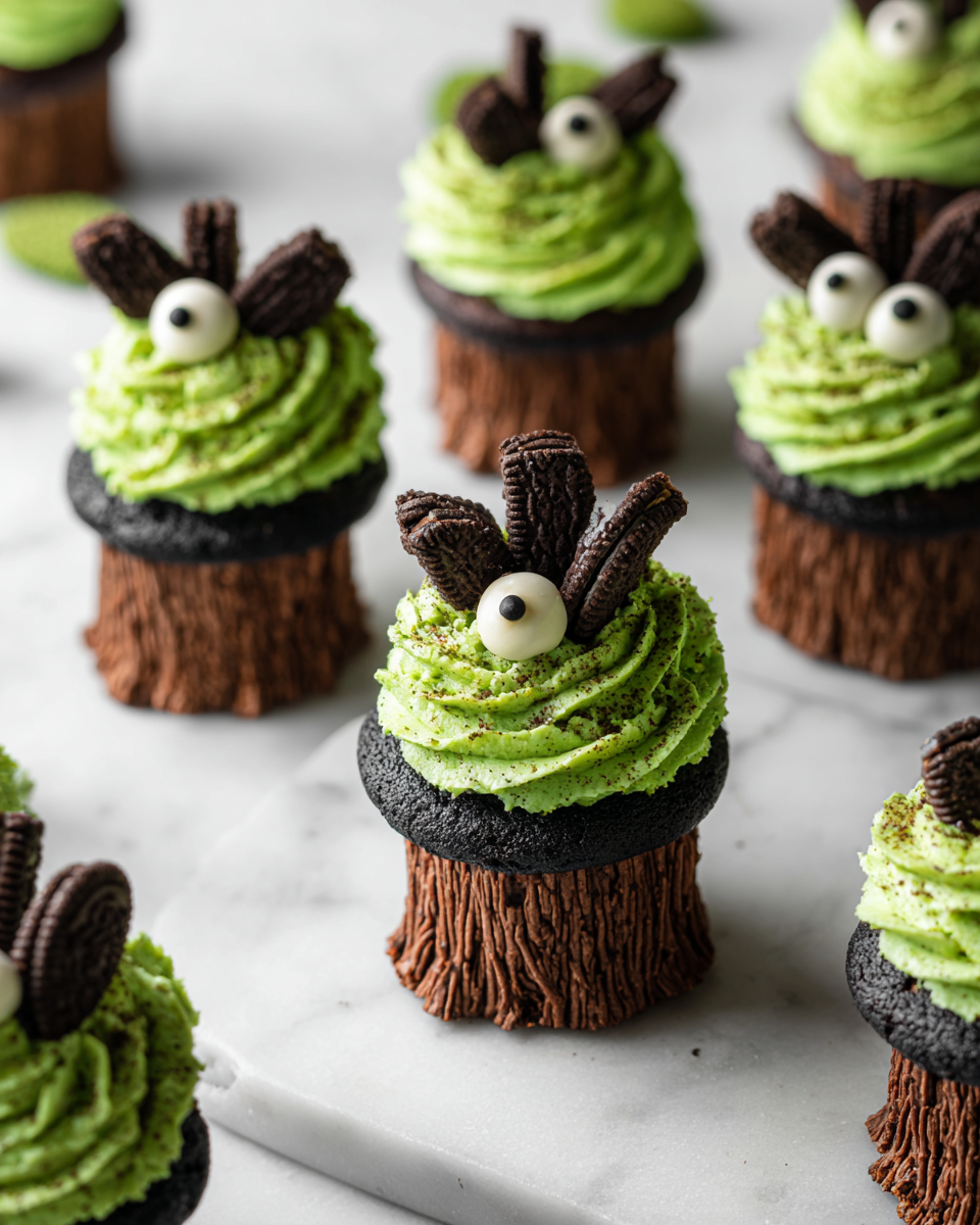 Creepy tree cupcakes decorati per Halloween, perfetti per la festa, con cioccolato e crema al burro colorata