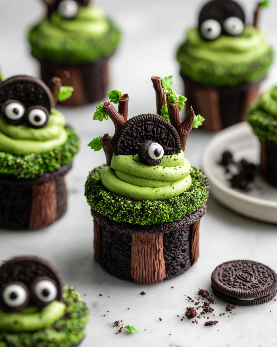 Creepy tree cupcakes decorati per Halloween, perfetti per la festa, con cioccolato e crema al burro colorata