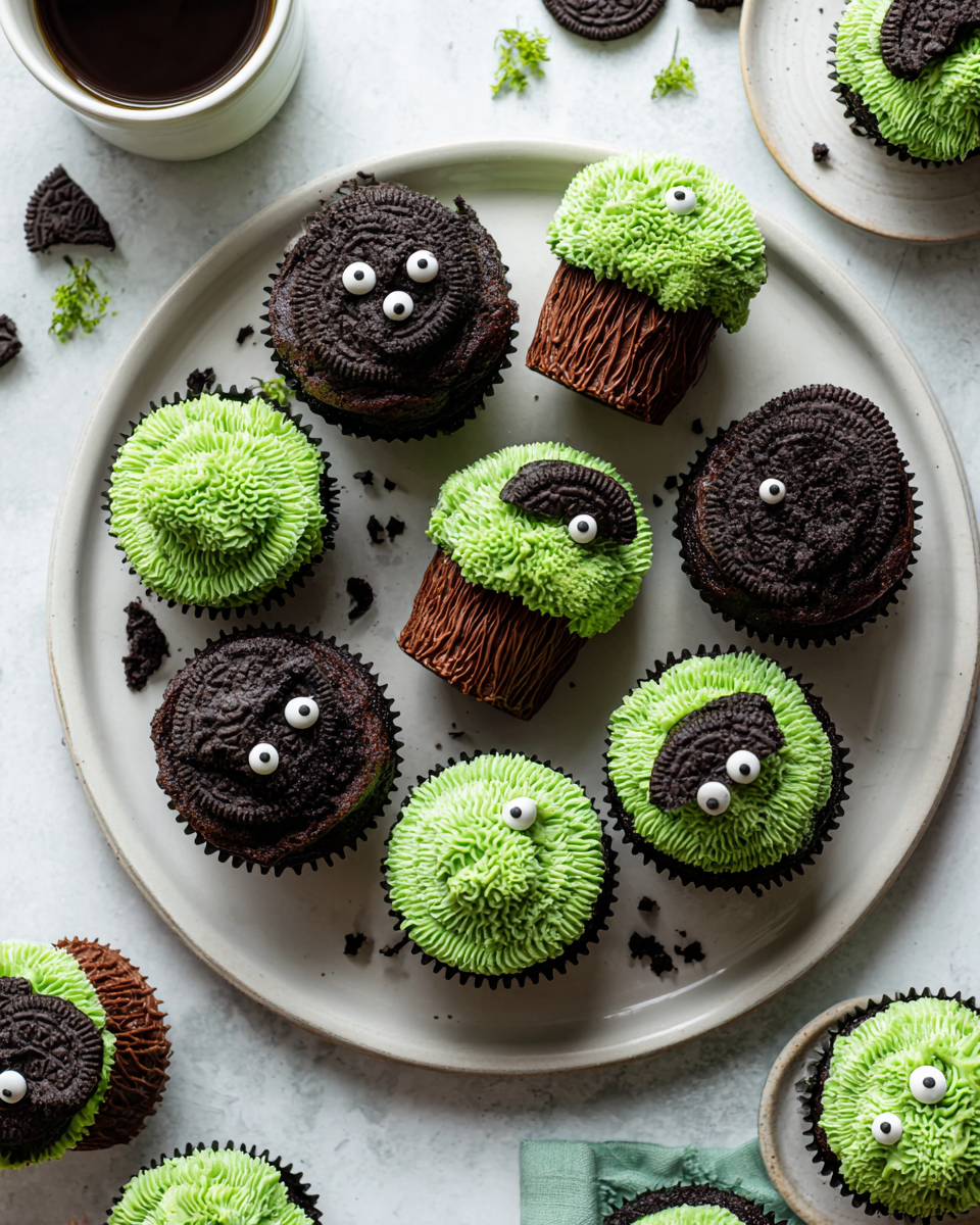 Creepy tree cupcakes decorati per Halloween, perfetti per la festa, con cioccolato e crema al burro colorata