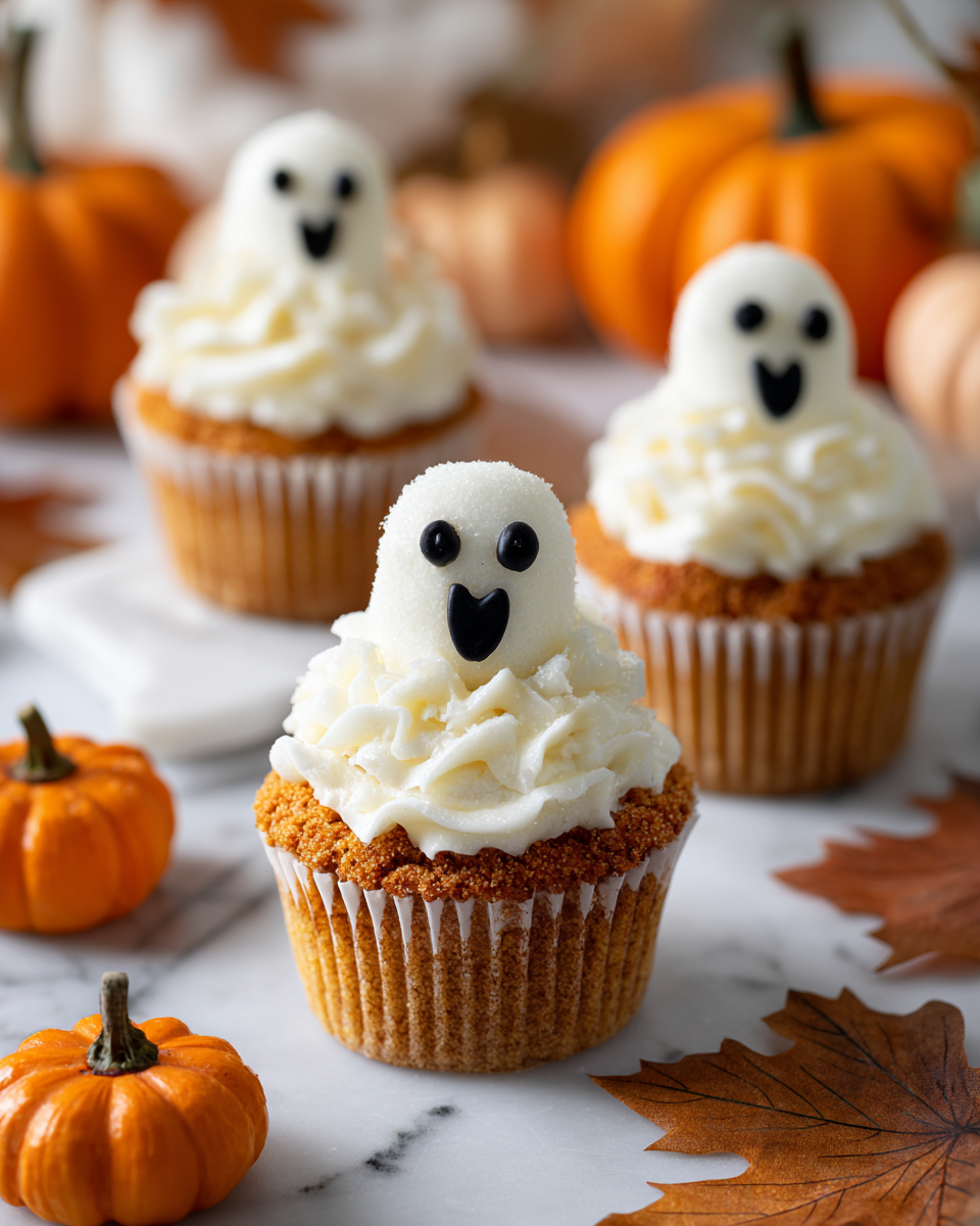 Cupcakes fantasmi di Halloween decorati con frosting bianco e gel nero per occhi e bocca.