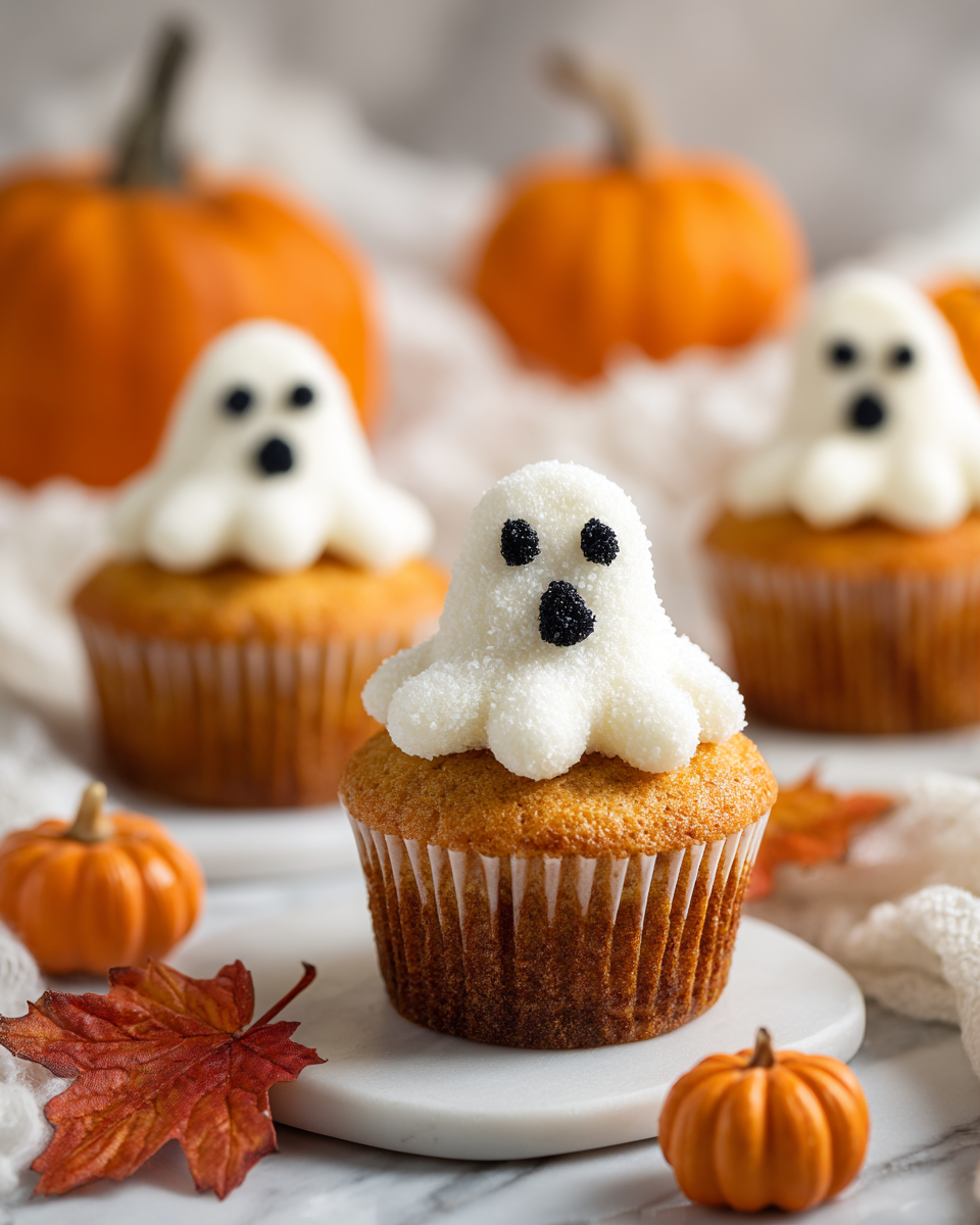 Cupcakes fantasmi di Halloween decorati con frosting bianco e gel nero per occhi e bocca.