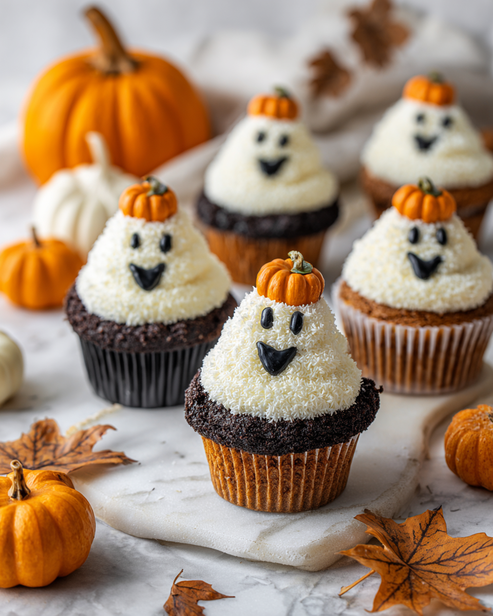 Cupcakes fantasmi di Halloween decorati con frosting bianco e gel nero per occhi e bocca.