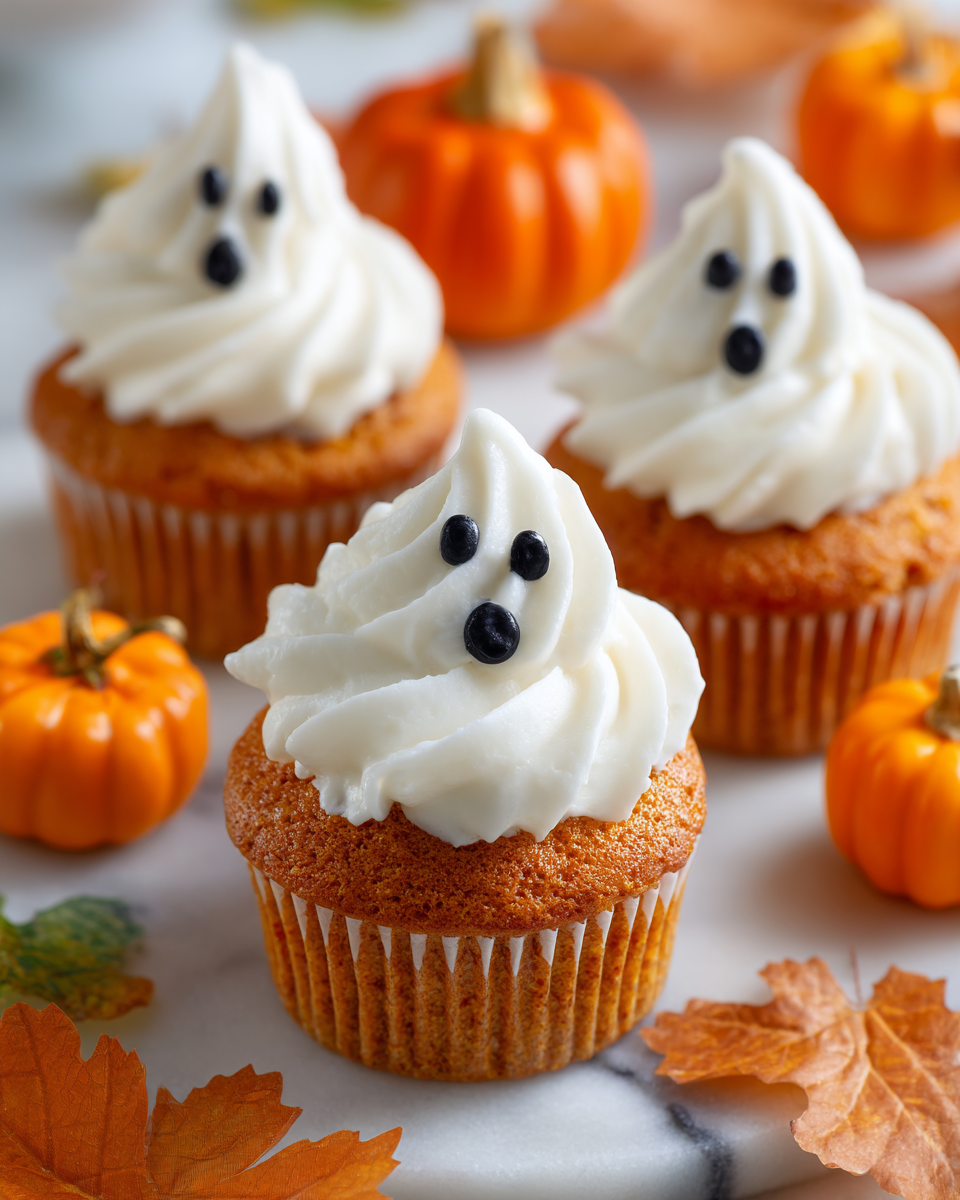 Cupcakes fantasmi di Halloween decorati con frosting bianco e gel nero per occhi e bocca.