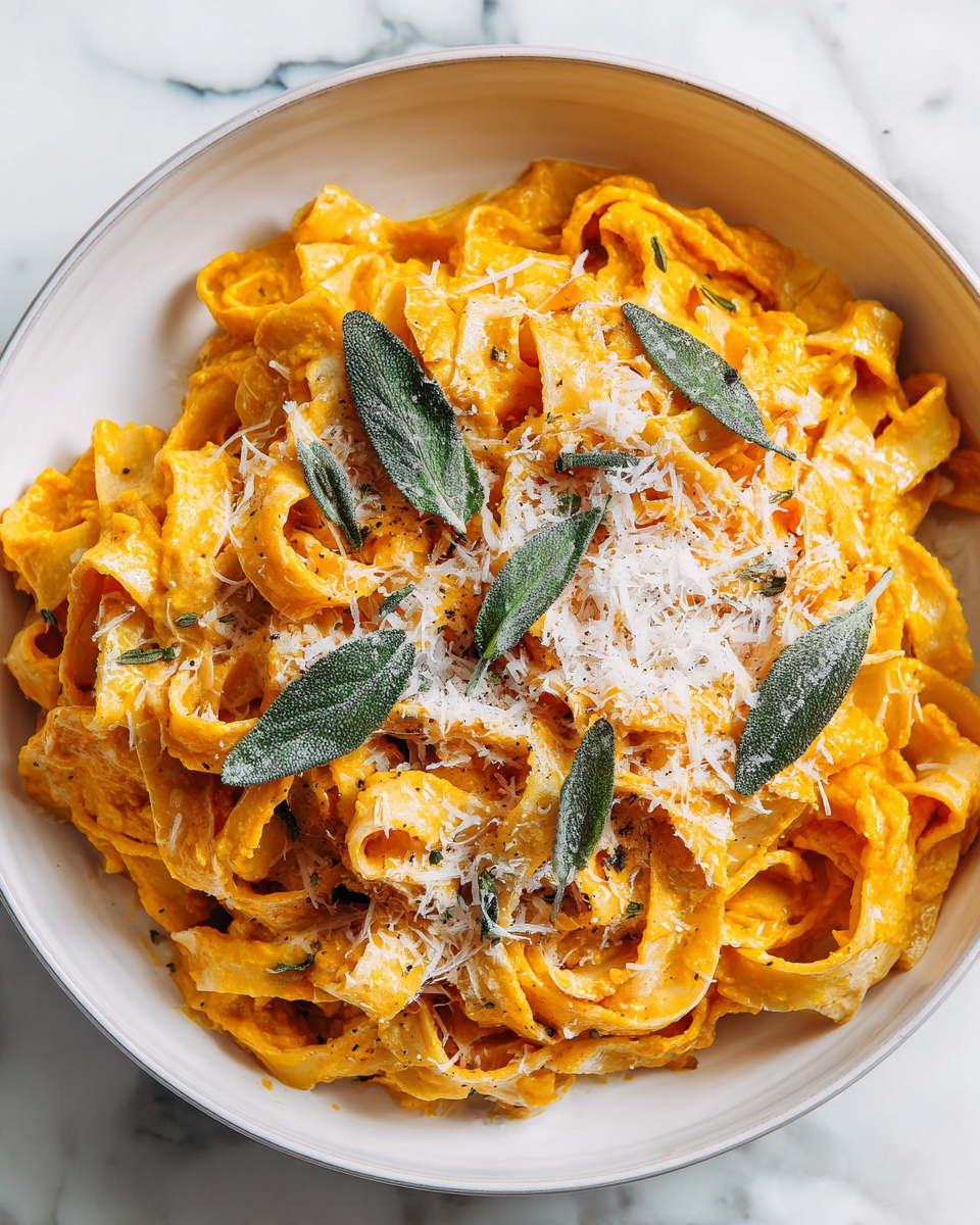 Deliziose Fettuccine Cremose alla Zucca Fettuccine cremose alla zucca con salvia fresca e parmigiano