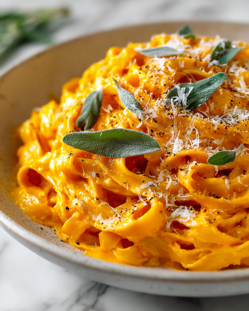 Deliziose Fettuccine Cremose alla Zucca Fettuccine cremose alla zucca con salvia fresca e parmigiano