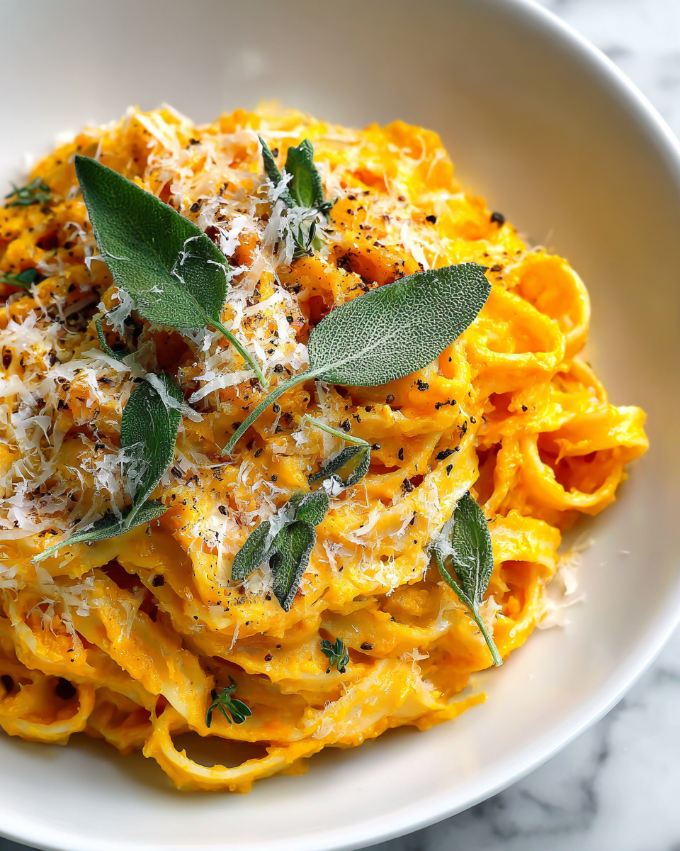 Deliziose Fettuccine Cremose alla Zucca Fettuccine cremose alla zucca con salvia fresca e parmigiano