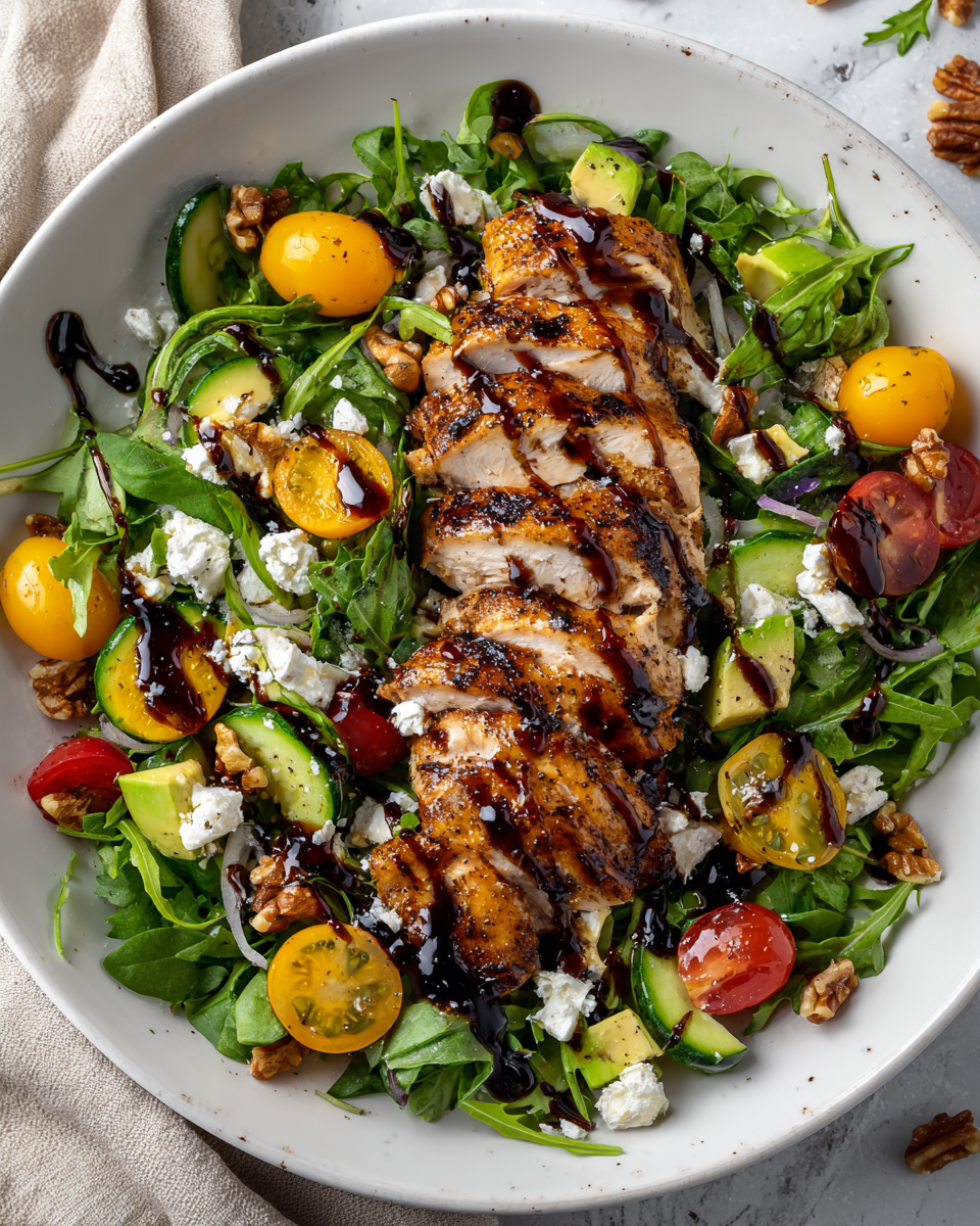 Insalata di pollo e verdure autunnali con pollo grigliato, avocado e vinaigrette balsamica.