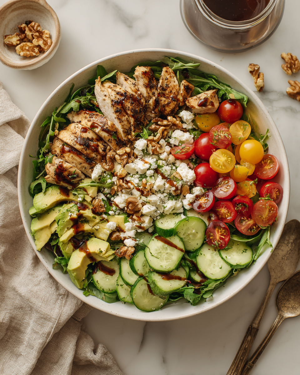 Insalata di pollo e verdure autunnali con pollo grigliato, avocado e vinaigrette balsamica.