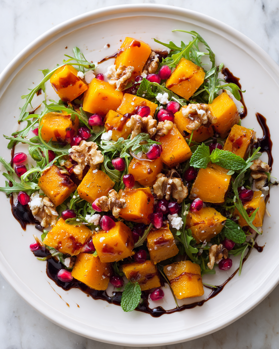 Insalata di Zucca Butternut e Melograno Fresca Insalata di zucca butternut e melograno con feta e noci
