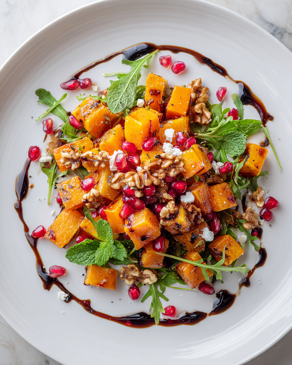 Insalata di Zucca Butternut e Melograno Fresca Insalata di zucca butternut e melograno con feta e noci