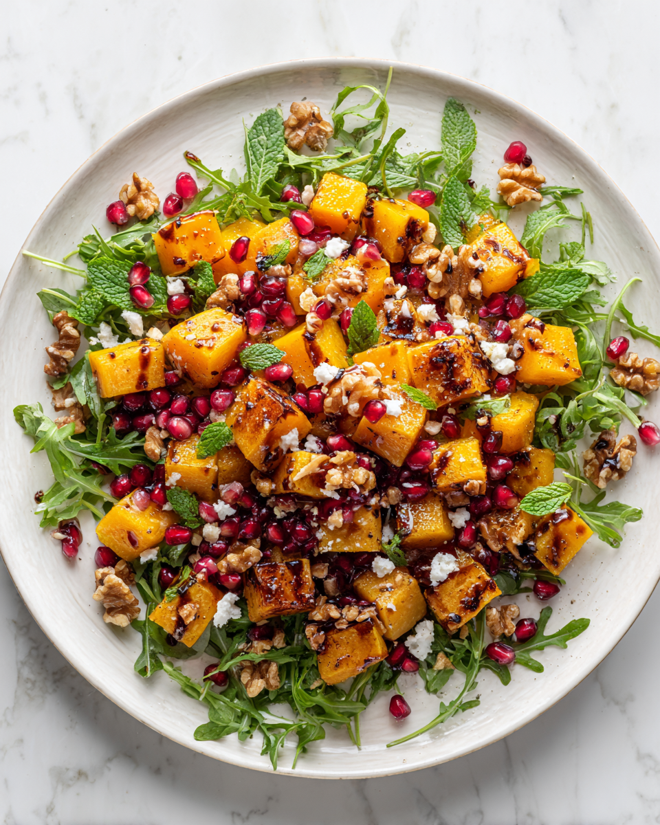 Insalata di Zucca Butternut e Melograno Fresca Insalata di zucca butternut e melograno con feta e noci