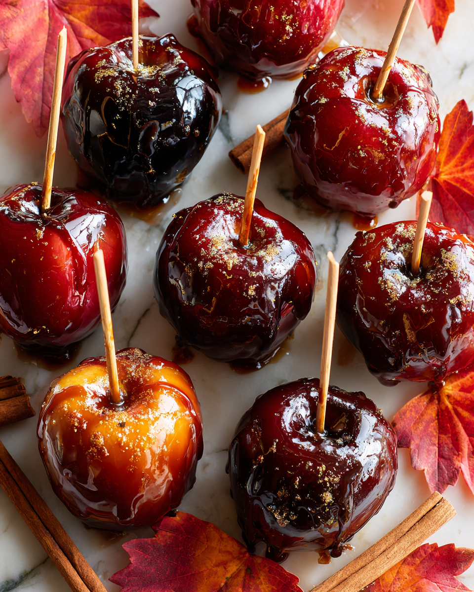 Mele caramellate nere lucide pronte per Halloween