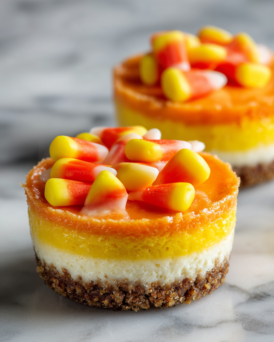 Mini Cheesecake alla Candy Corn decorati con panna montata e caramelle per Halloween