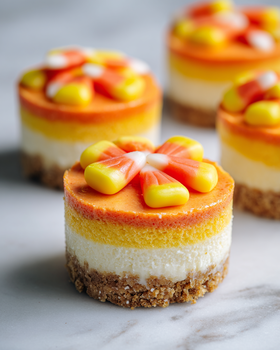 Mini Cheesecake alla Candy Corn decorati con panna montata e caramelle per Halloween