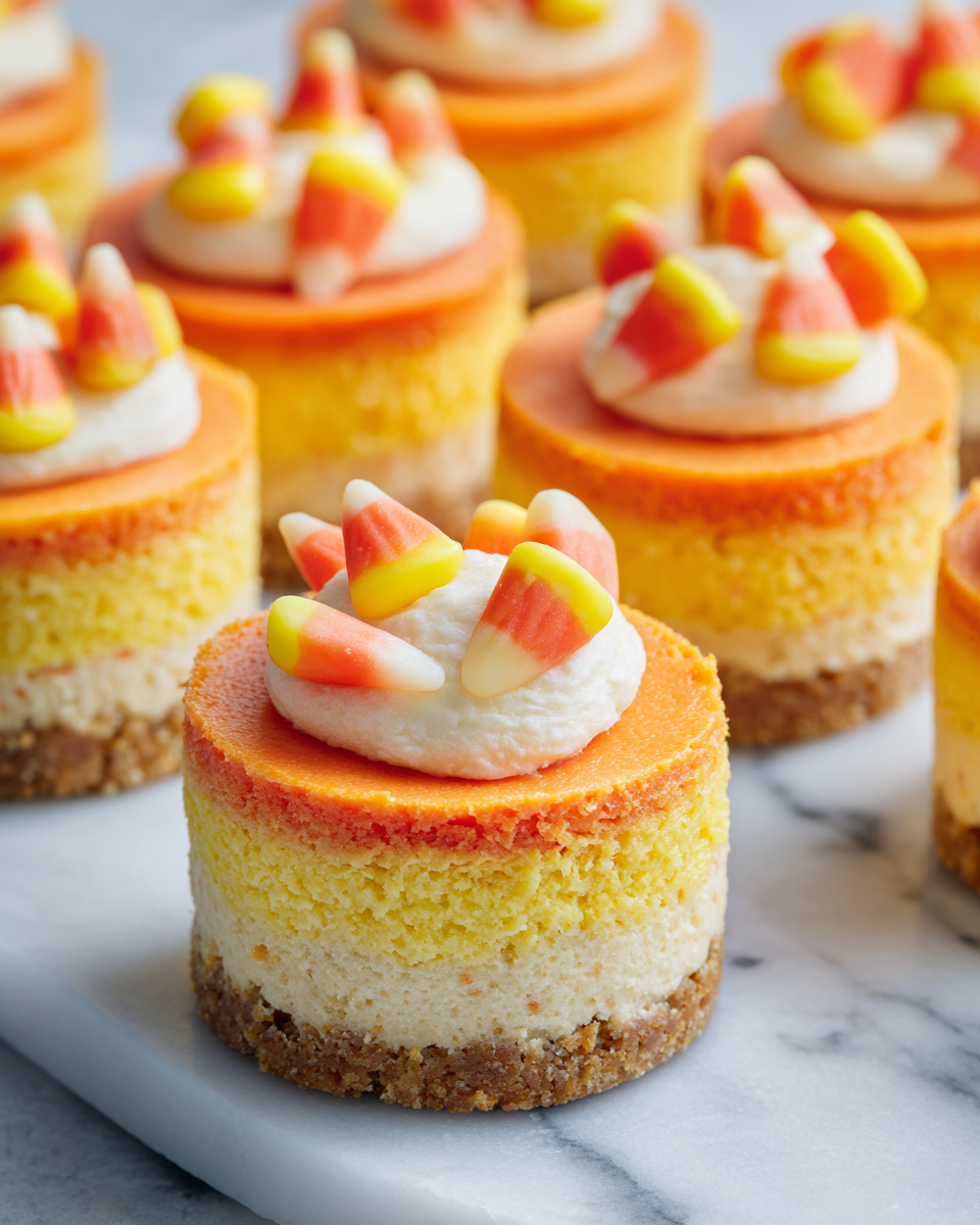 Mini Cheesecake alla Candy Corn decorati con panna montata e caramelle per Halloween