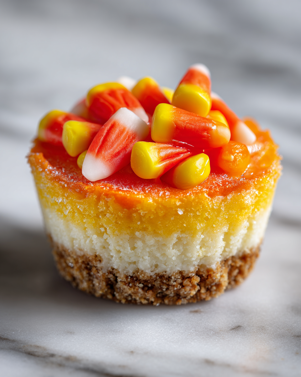 Mini Cheesecake alla Candy Corn decorati con panna montata e caramelle per Halloween