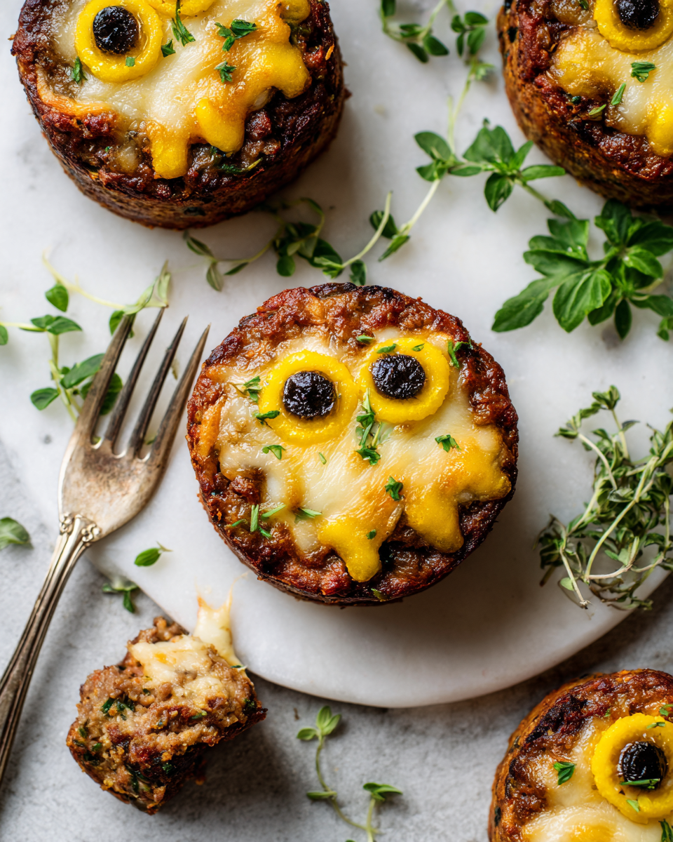 Mini Monster Meatloaf creativi e gustosi, perfetti per Halloween: carne, mozzarella fusa e decorazioni divertenti per grandi e piccini