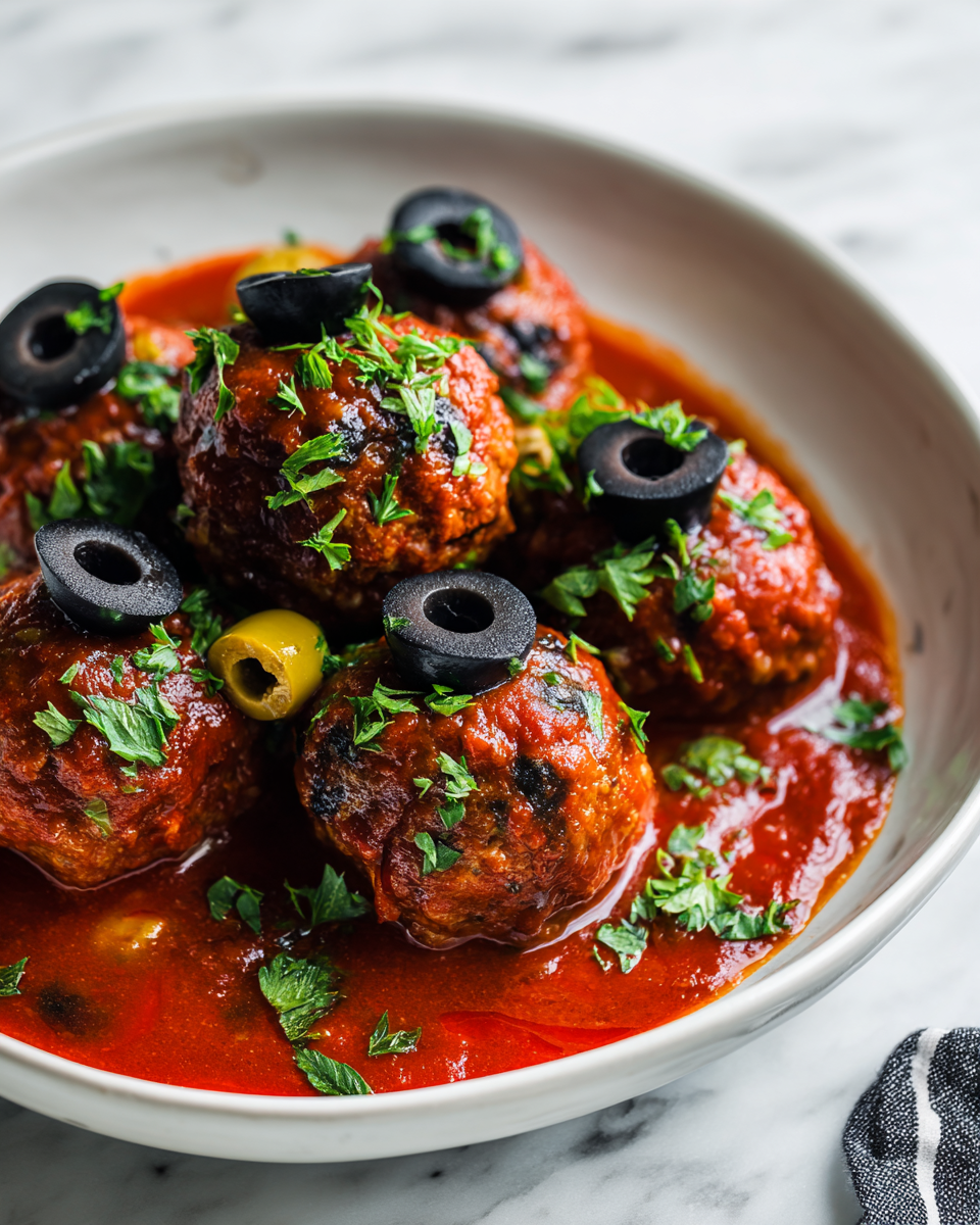 Semplici Monster Meatball Eyeballs per Halloween Monster Meatball Eyeballs per Halloween: deliziose polpette a forma di occhio, perfette per feste, con salsa marinara e guarnizioni divertenti.