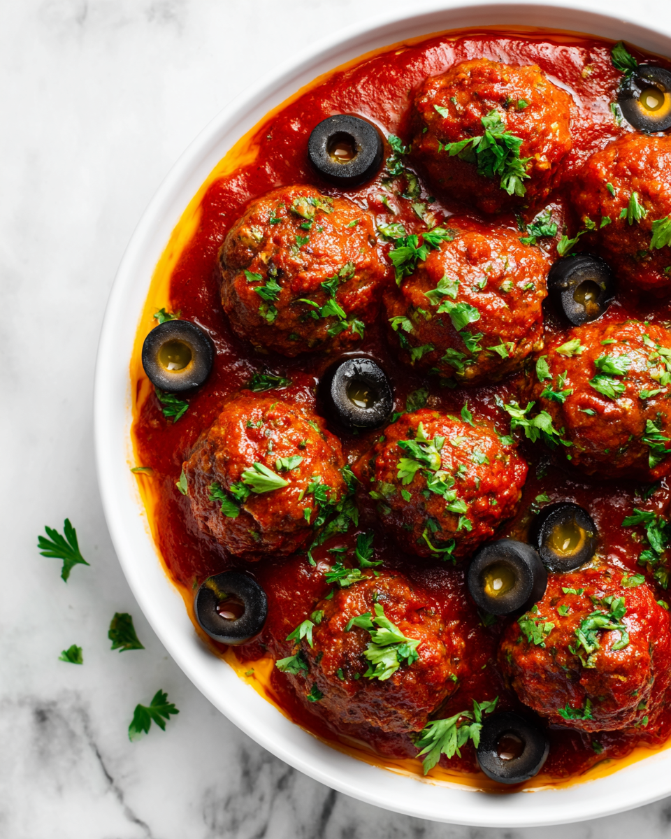 Semplici Monster Meatball Eyeballs per Halloween Monster Meatball Eyeballs per Halloween: deliziose polpette a forma di occhio, perfette per feste, con salsa marinara e guarnizioni divertenti.
