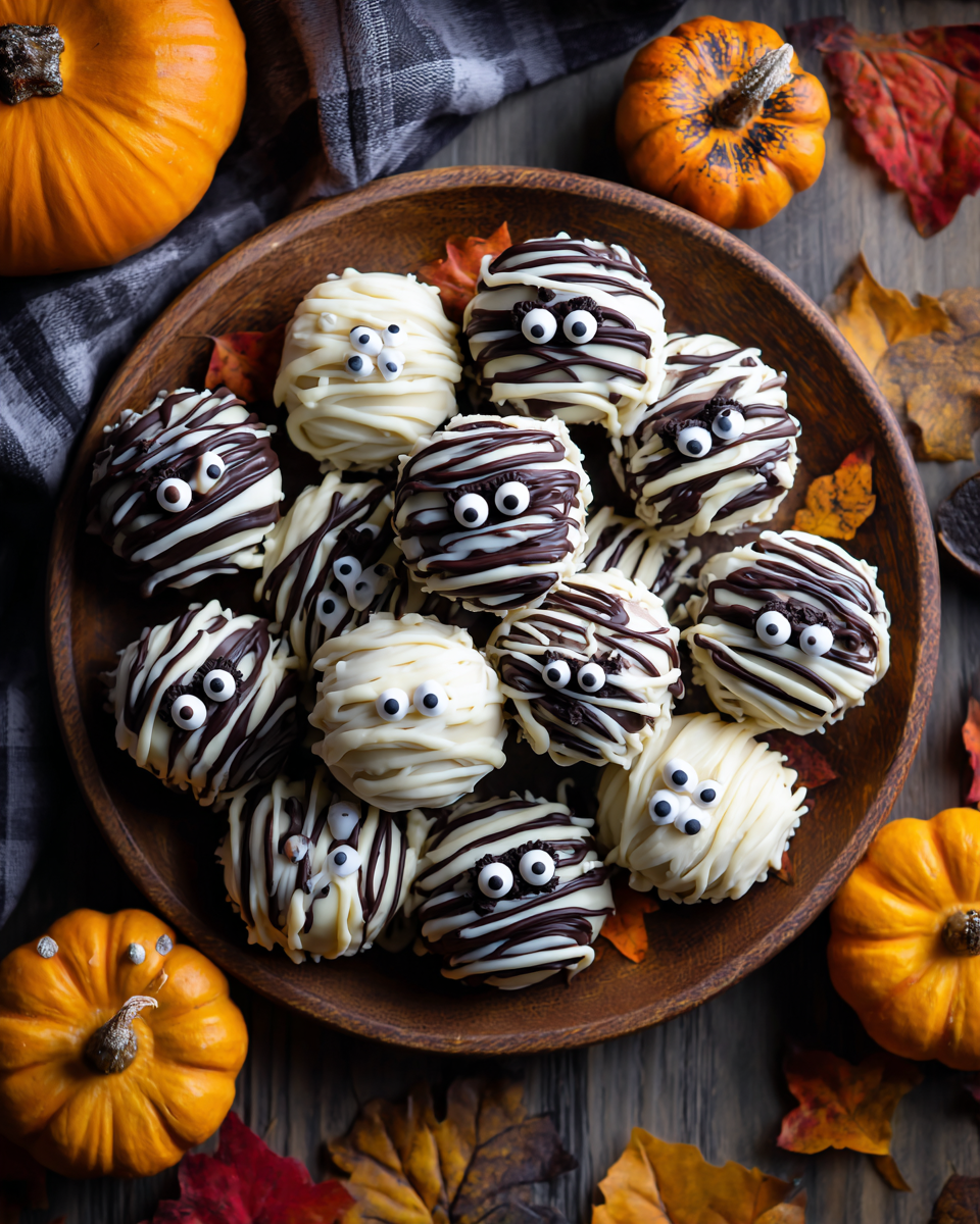 Mummie di Oreo Truffle per un Halloween Divertente Mummie di Oreo Truffle spettrali per Halloween, dolcetti facili e golosi, perfetti per feste e celebrazioni.