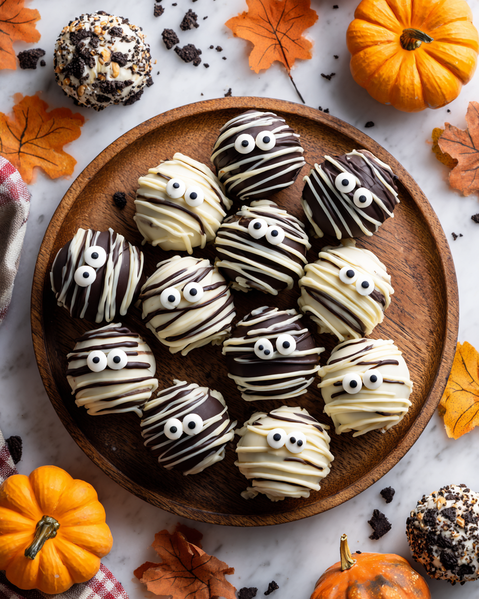 Mummie di Oreo Truffle per un Halloween Divertente Mummie di Oreo Truffle spettrali per Halloween, dolcetti facili e golosi, perfetti per feste e celebrazioni.