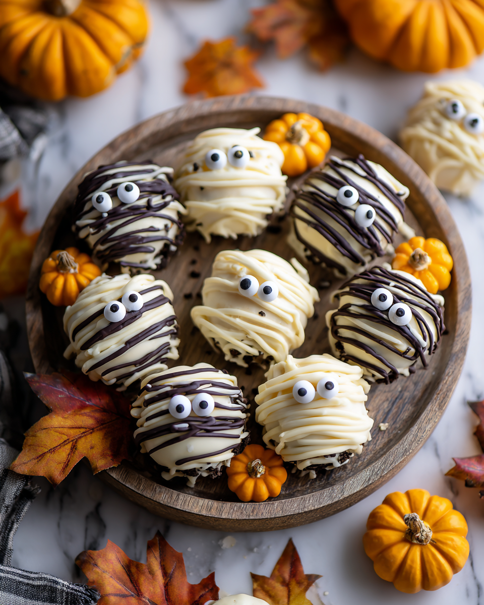Mummie di Oreo Truffle per un Halloween Divertente Mummie di Oreo Truffle spettrali per Halloween, dolcetti facili e golosi, perfetti per feste e celebrazioni.