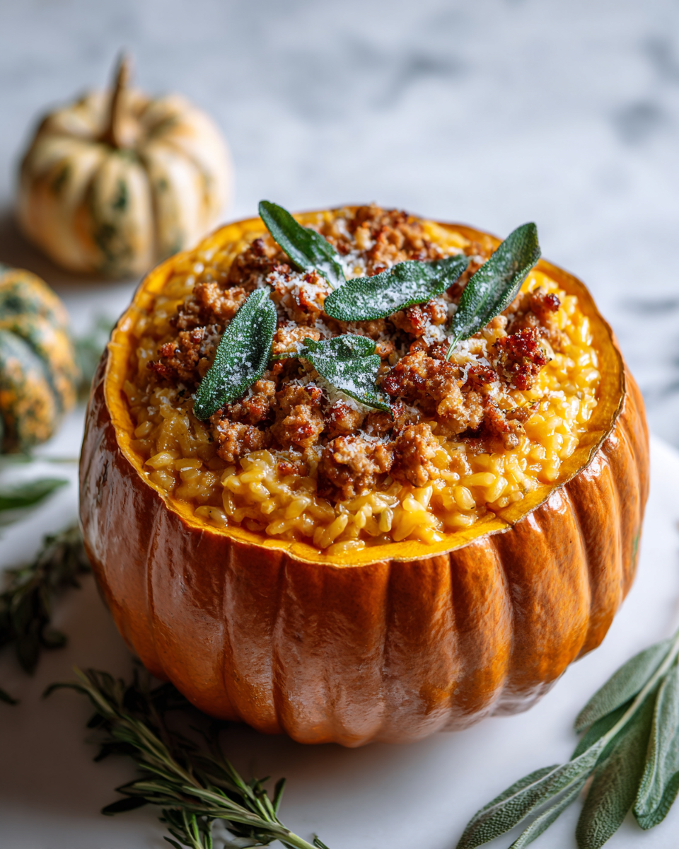 Gustoso Risotto alla Zucca e Salsiccia Risotto cremoso alla zucca e salsiccia servito in una zucca vuota, piatto perfetto per l'autunno.