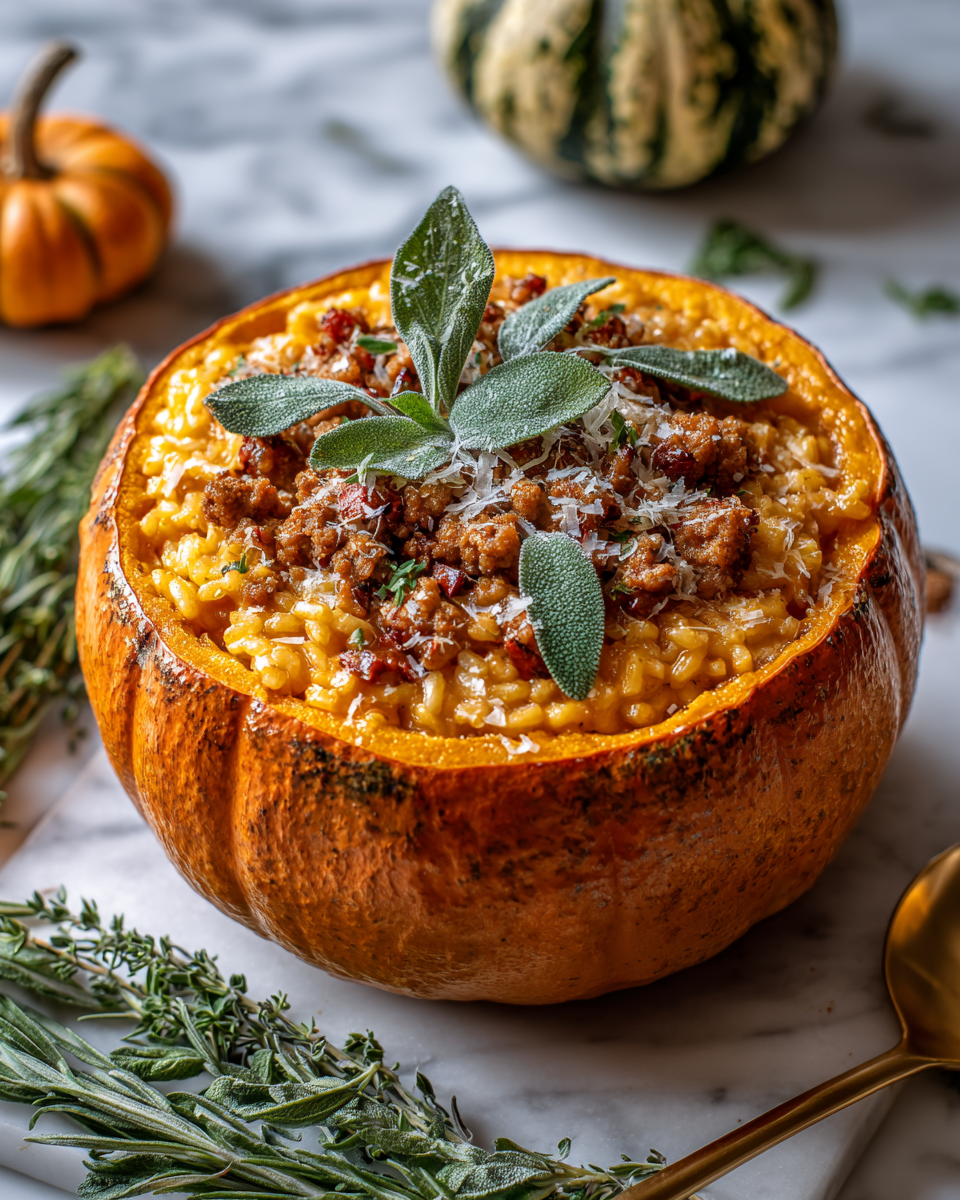 Gustoso Risotto alla Zucca e Salsiccia Risotto cremoso alla zucca e salsiccia servito in una zucca vuota, piatto perfetto per l'autunno.