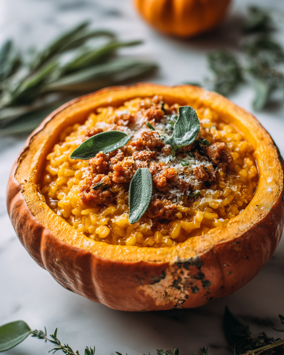 Gustoso Risotto alla Zucca e Salsiccia Risotto cremoso alla zucca e salsiccia servito in una zucca vuota, piatto perfetto per l'autunno.