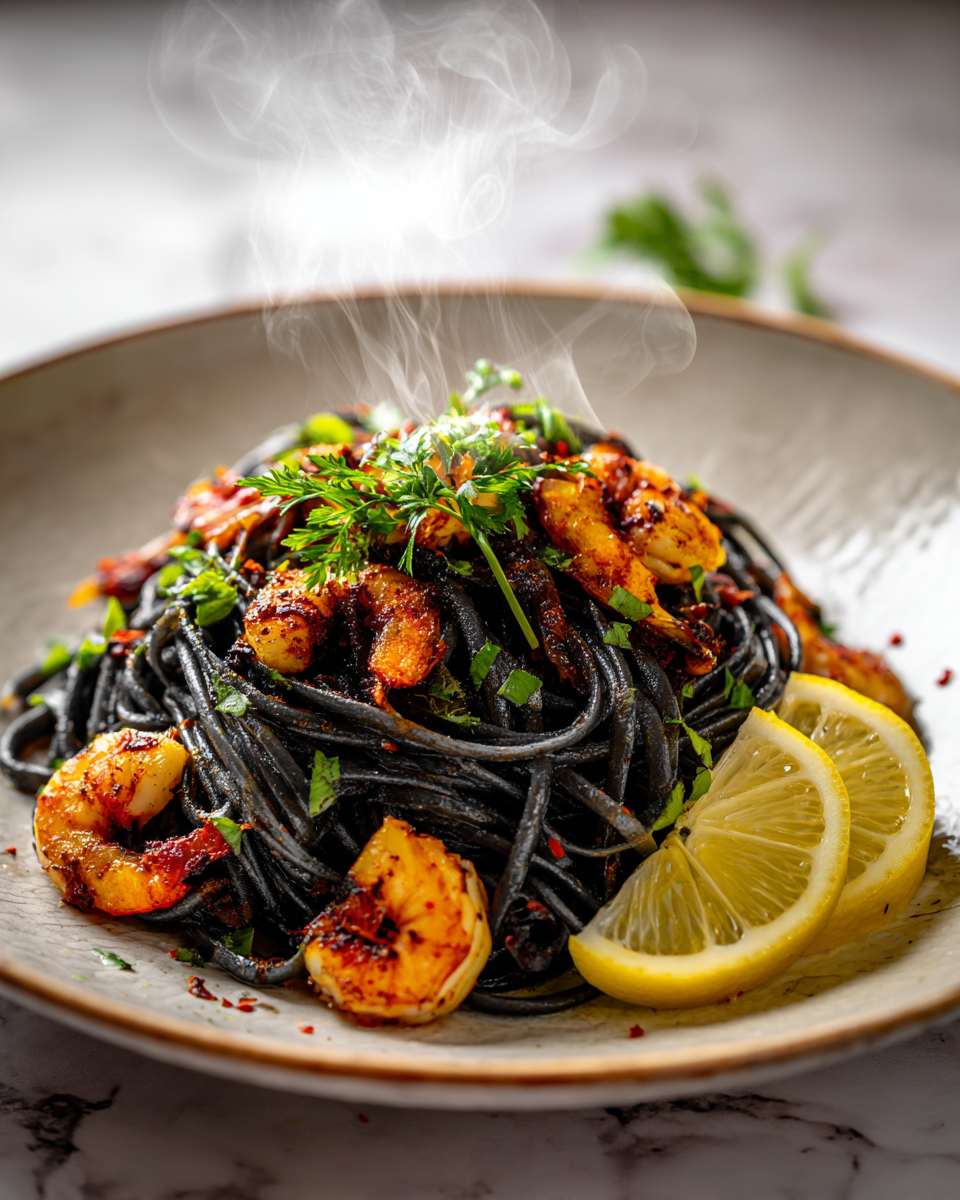 Scopri il Gusto Unico degli Spaghetti al Nero di Seppia Spaghetti al nero di seppia con frutti di mare freschi, presentati con prezzemolo e limone.