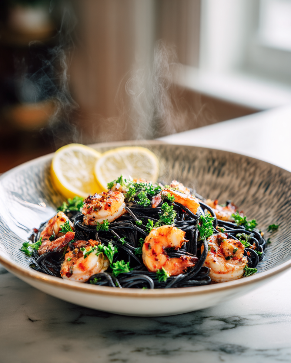 Scopri il Gusto Unico degli Spaghetti al Nero di Seppia Spaghetti al nero di seppia con frutti di mare freschi, presentati con prezzemolo e limone.