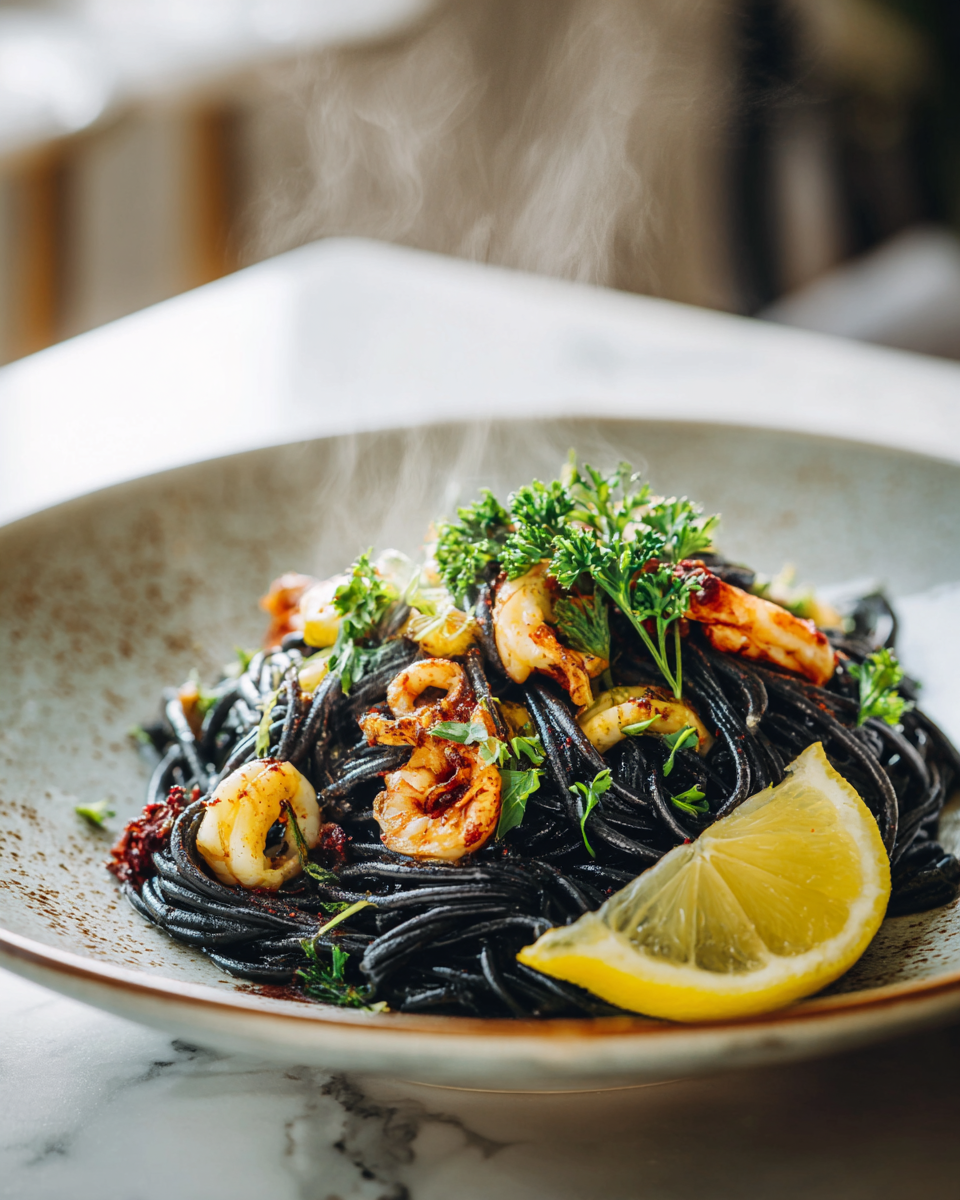 Scopri il Gusto Unico degli Spaghetti al Nero di Seppia Spaghetti al nero di seppia con frutti di mare freschi, presentati con prezzemolo e limone.