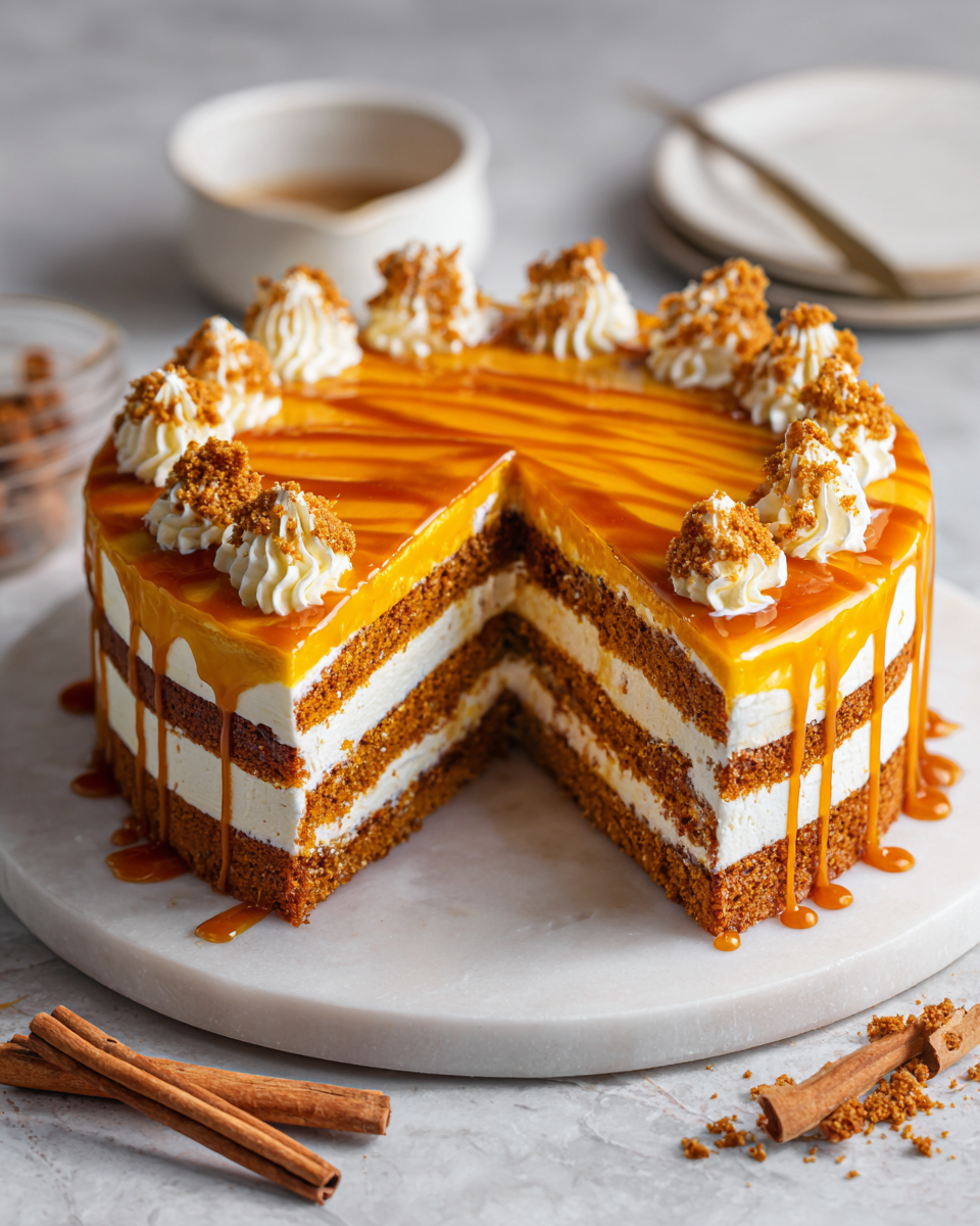 Torta di Zenzero e Zucca per l'Autunno Torta di zenzero e zucca umida e aromatica, ideale per festeggiamenti autunnali con panna montata e salsa di caramello.