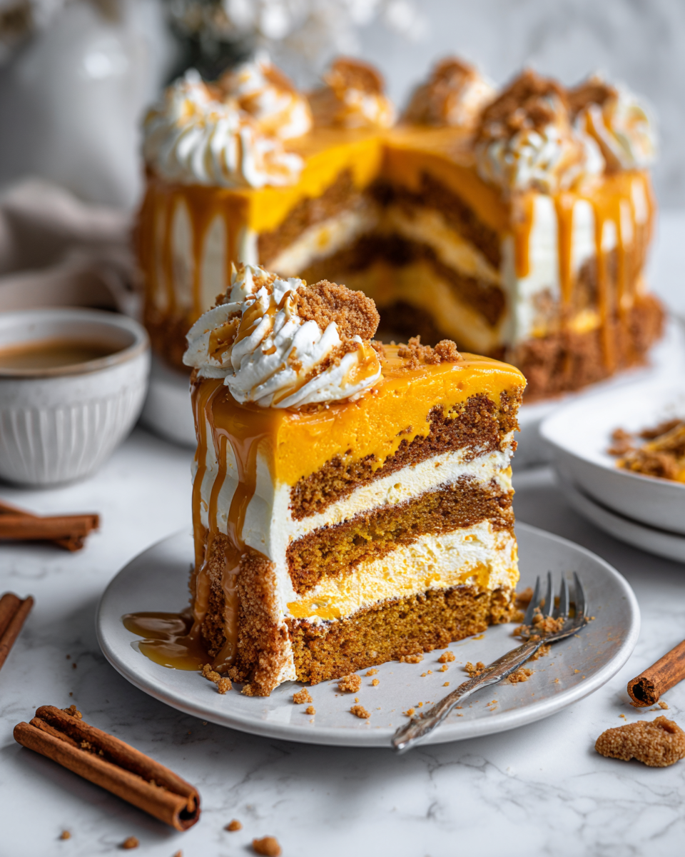 Torta di Zenzero e Zucca per l'Autunno Torta di zenzero e zucca umida e aromatica, ideale per festeggiamenti autunnali con panna montata e salsa di caramello.