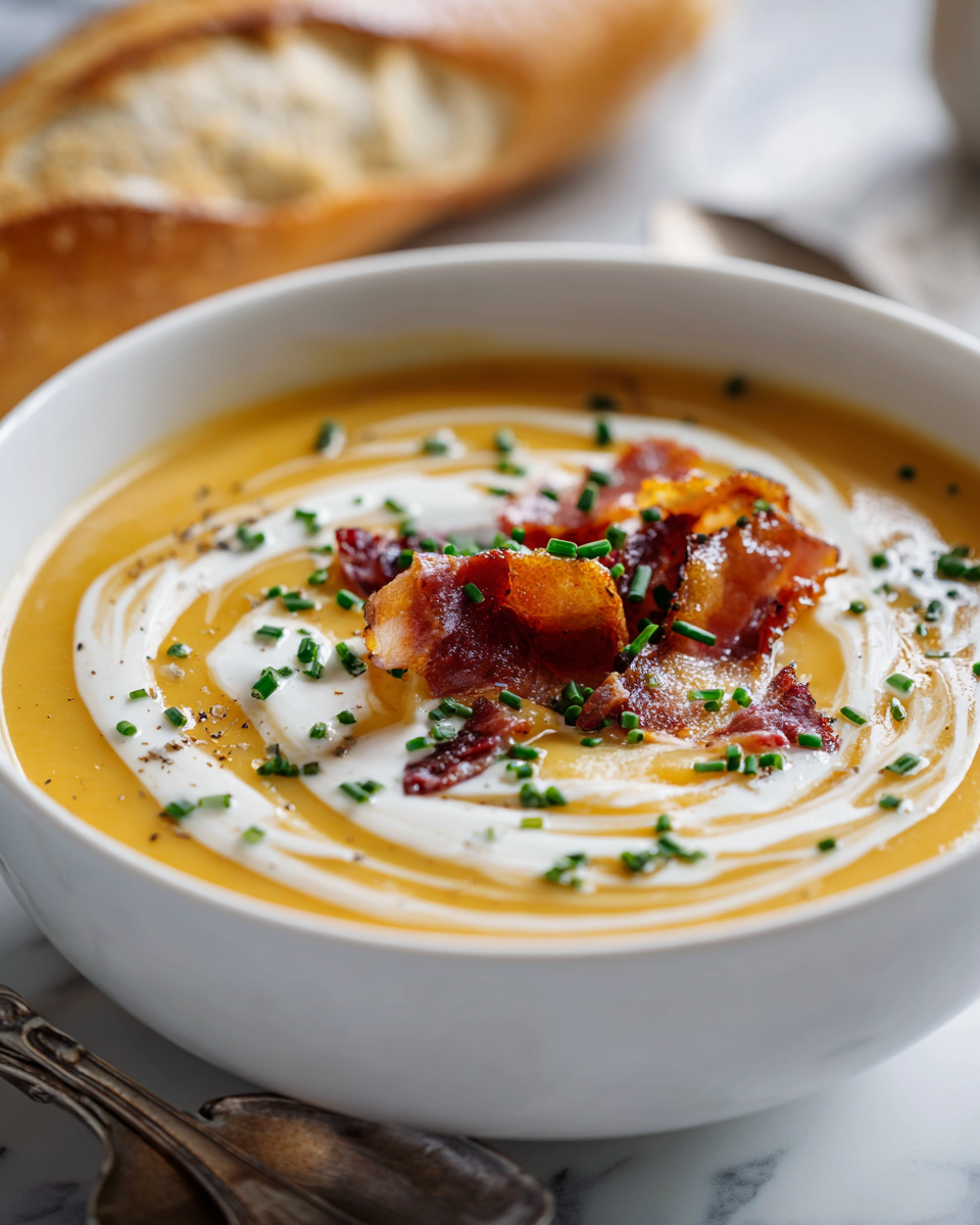 Zuppa Cremosa di Patate per Serate Autunnali Zuppa cremosa di patate, comfort food autunnale, ricetta semplice, ingredienti freschi, piatto caldo e avvolgente.