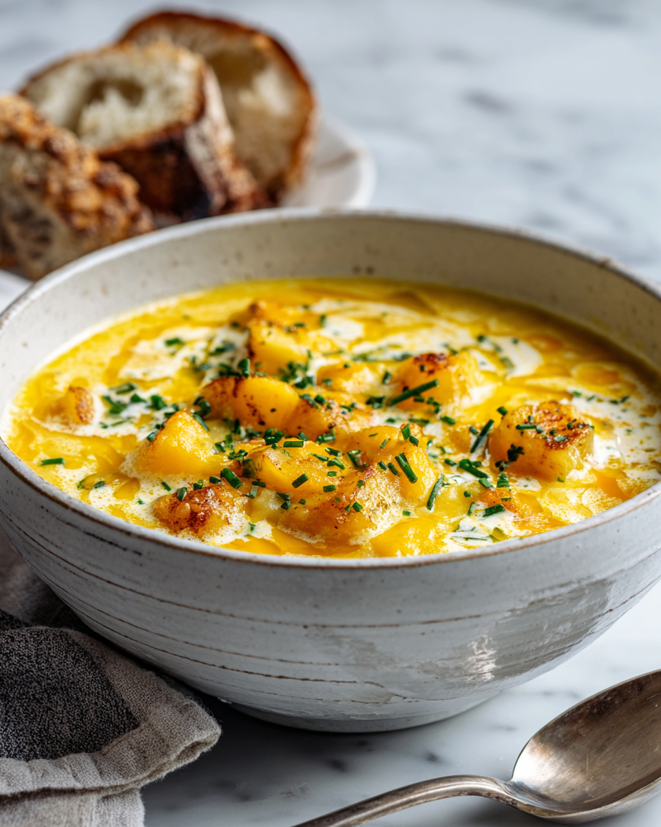 Zuppa Cremosa di Patate e Formaggio per l'Autunno Zuppa cremosa di patate e formaggio, comfort food autunnale, facile e delizioso, ideale per serate con amici e famiglia.