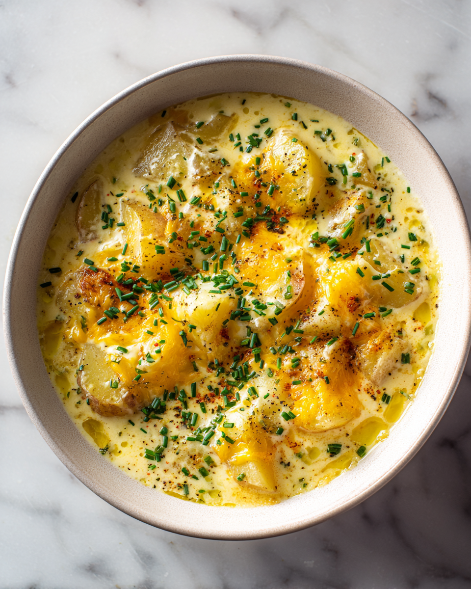 Zuppa Cremosa di Patate e Formaggio per l'Autunno Zuppa cremosa di patate e formaggio, comfort food autunnale, facile e delizioso, ideale per serate con amici e famiglia.