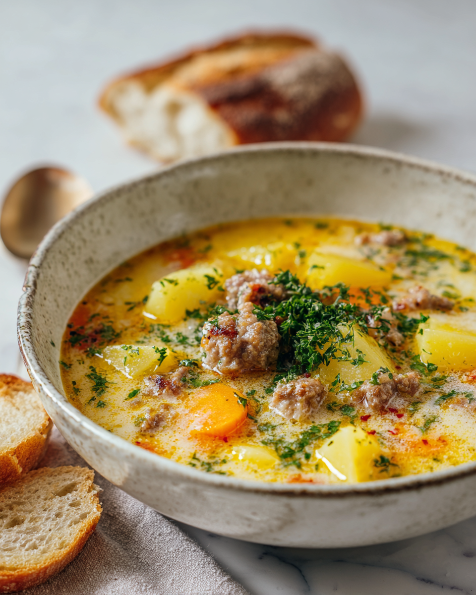 Semplice Zuppa di Patate con Salsicce Ricetta semplice di zuppa di patate con salsicce italiane, comfort food ideale per l'autunno.