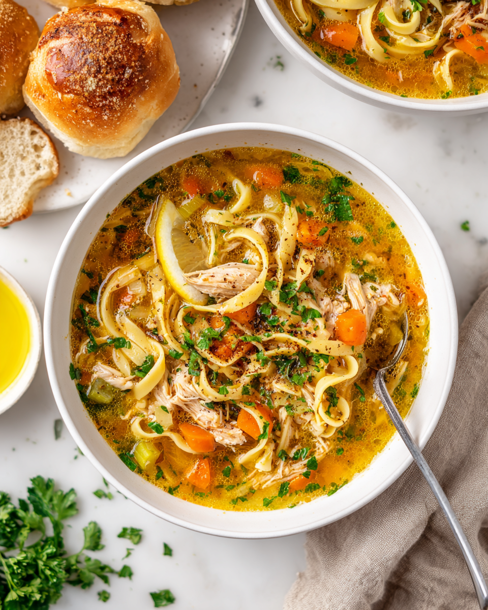 Comfortante Zuppa di Pollo con Noodles Zuppa di pollo con noodles autunnale, ricetta confortante e facile da preparare, ideale per serate fresche, una piatto nutriente e delizioso.
